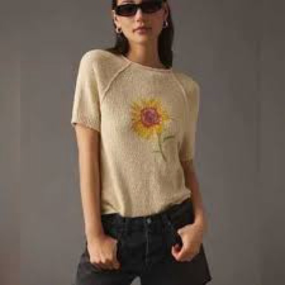 Pilcro Sunflower Knit Short Sleeve Sweater – Cream Embroidered Top xs - Picture 1 of 3